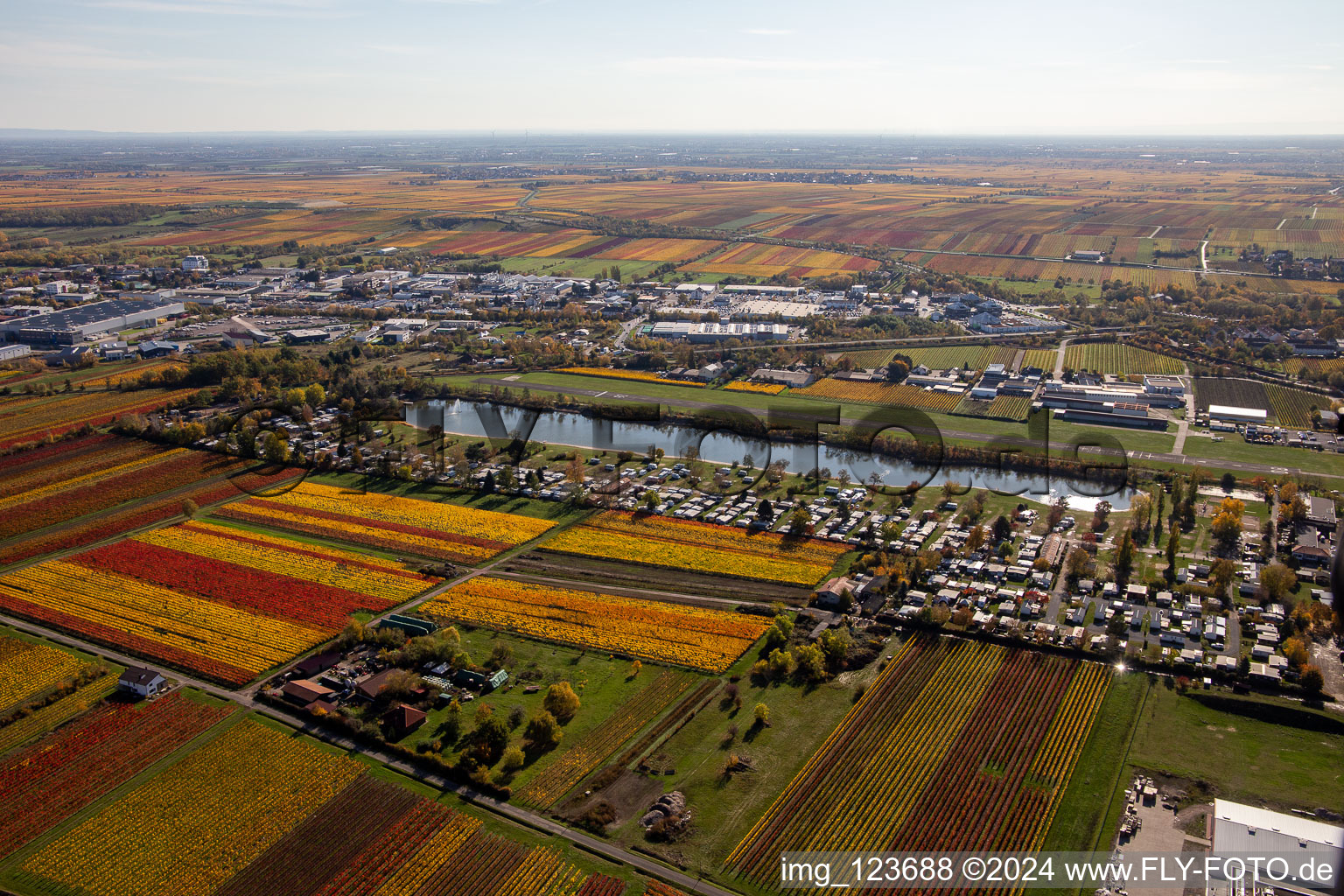 Vue aérienne de Vue sur la végétation automnale décolorée de la piste avec zone de voie de circulation de l'aéroport Bad Dürkheim au Knaus Camping Park et à l'Almensee à le quartier Ungstein in Bad Dürkheim dans le département Rhénanie-Palatinat, Allemagne