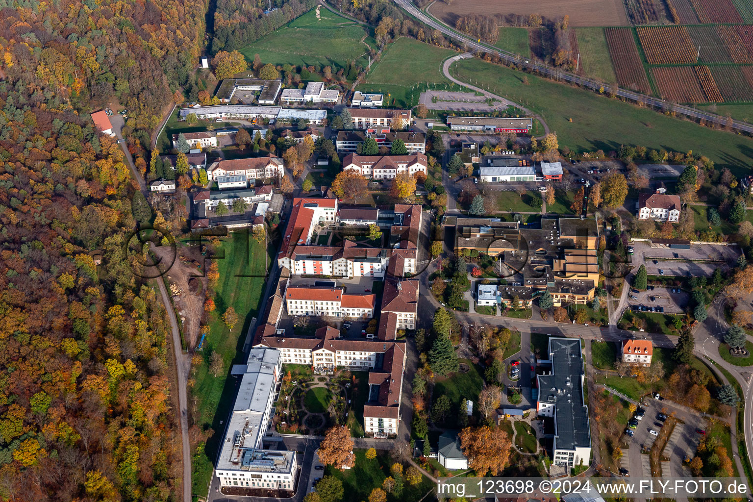 Vue aérienne de Vue aérienne d'automne du terrain de la clinique de psychiatrie et de psychothérapie pour enfants et adolescents du district de Pfalzklinik Landeck à Klingenmünster dans le département Rhénanie-Palatinat, Allemagne