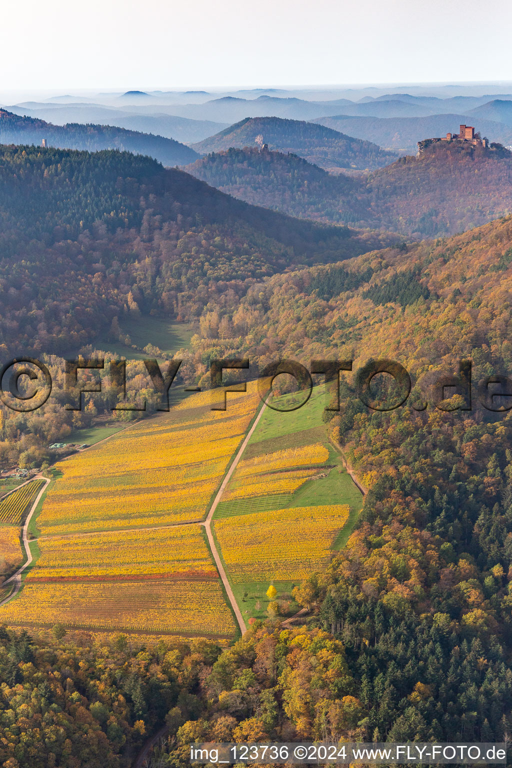 Vue aérienne de Vue aérienne d'automne des châteaux de Trifels, Scharfeneck et Anebos au-dessus de la forêt du Palatinat vue depuis Birnbachtal à Annweiler am Trifels dans le département Rhénanie-Palatinat, Allemagne