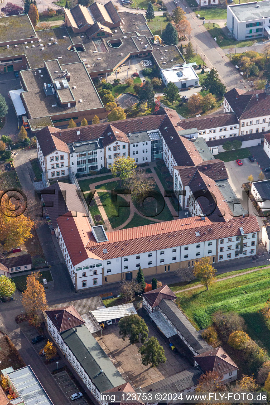 Vue aérienne de Terrain hospitalier de la clinique de psychiatrie et de psychothérapie pour enfants et adolescents du quartier Pfalzklinik Landeck à Klingenmünster dans le département Rhénanie-Palatinat, Allemagne