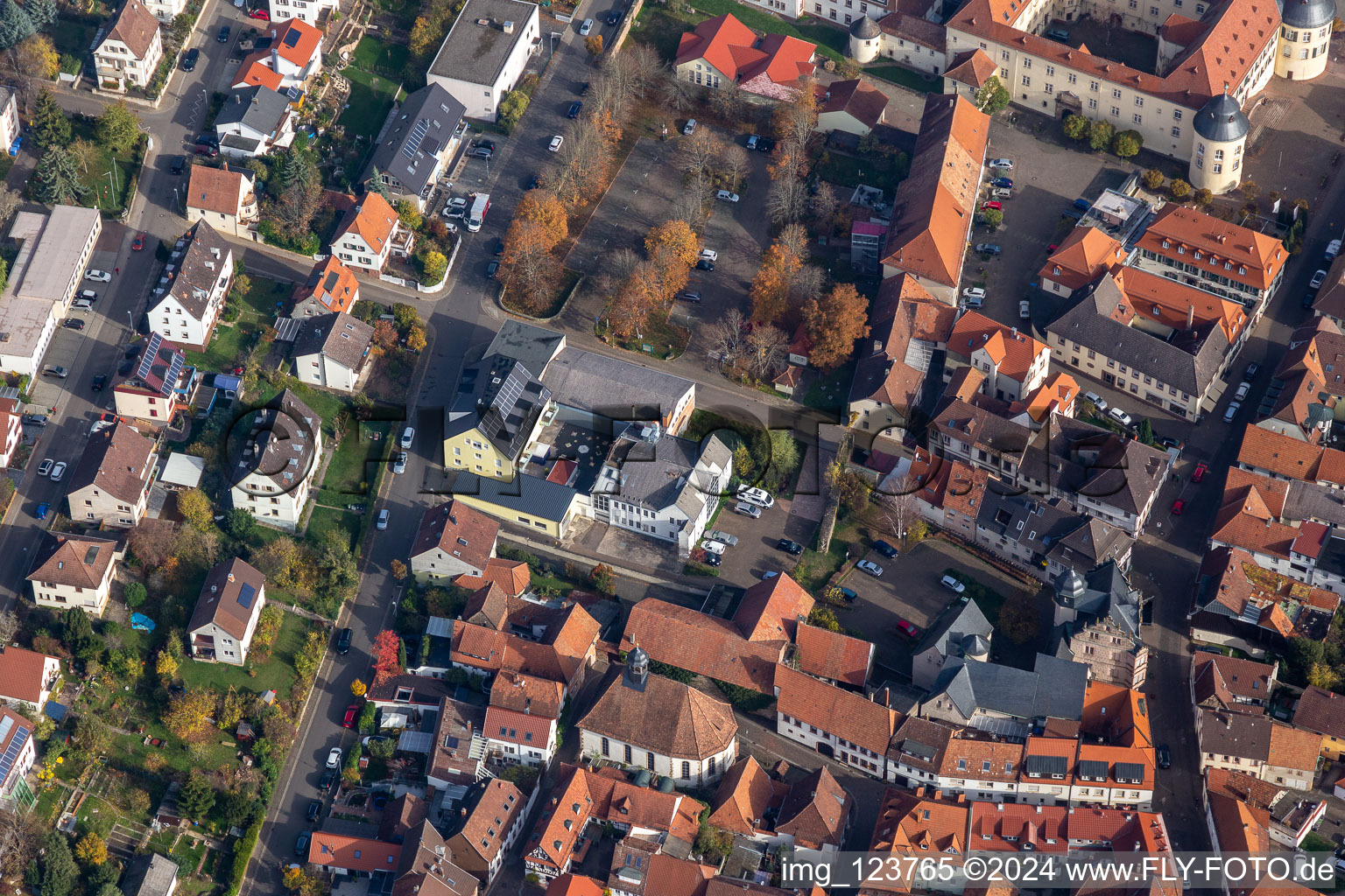 Vue aérienne de Église protestante de montagne à Bad Bergzabern dans le département Rhénanie-Palatinat, Allemagne