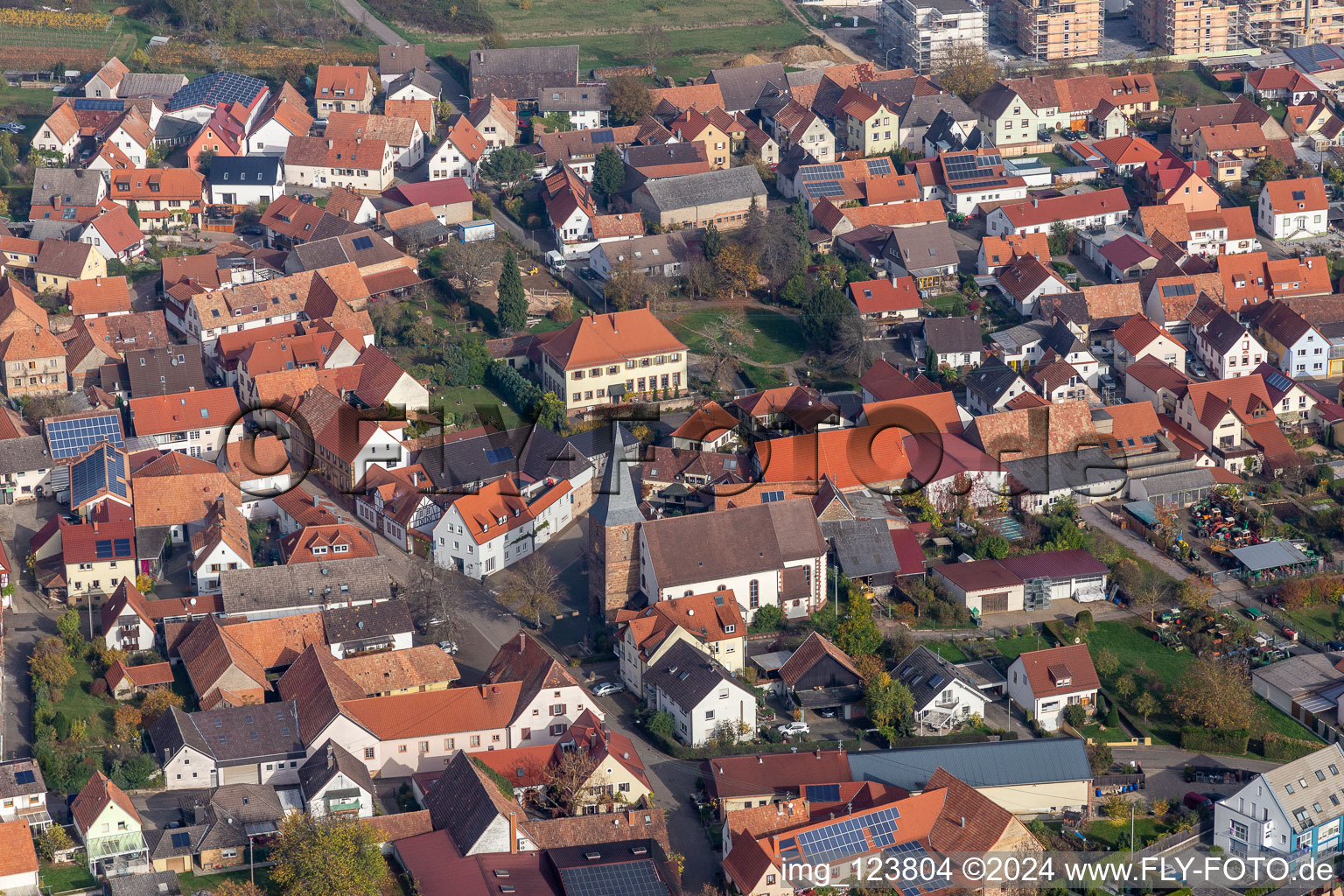 Vue aérienne de Bâtiments religieux en Schweigen à le quartier Schweigen in Schweigen-Rechtenbach dans le département Rhénanie-Palatinat, Allemagne