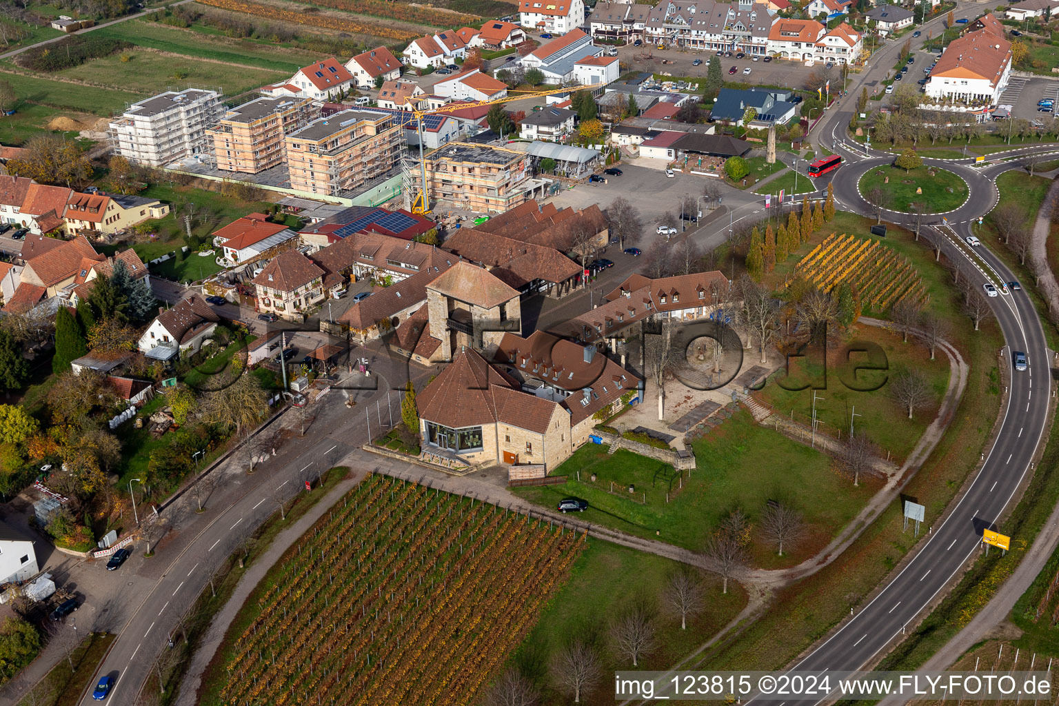 Photographie aérienne de Porte du vin allemande à le quartier Schweigen in Schweigen-Rechtenbach dans le département Rhénanie-Palatinat, Allemagne