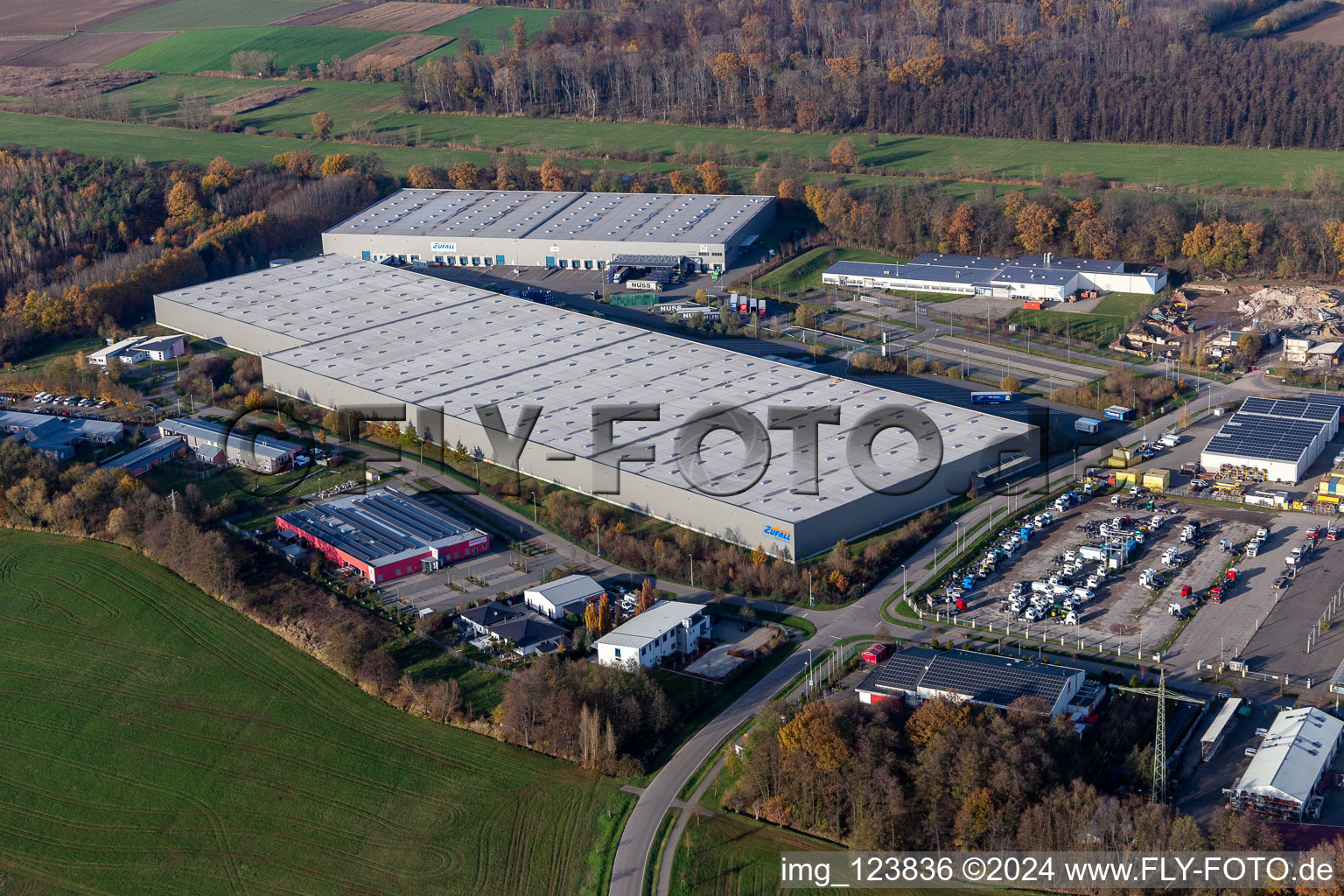 Vue aérienne de Zone commerciale de Horst et création d'une entreprise avec Friedrich random GmbH & Co. KG Internationale Spedition, Magna Outsides, STS Group et Thermo Fisher à le quartier Minderslachen in Kandel dans le département Rhénanie-Palatinat, Allemagne