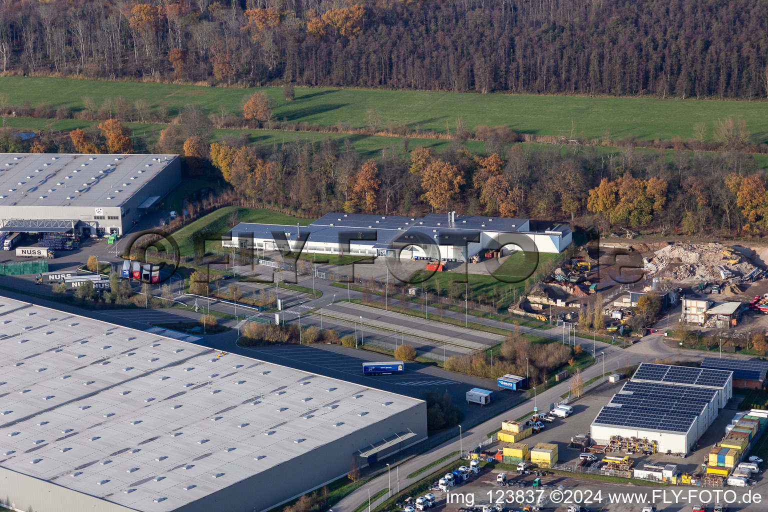 Vue oblique de Zone commerciale Horst avec Magna Interiors, Random Logistics, STS Group et Thermo Fisher à le quartier Minderslachen in Kandel dans le département Rhénanie-Palatinat, Allemagne