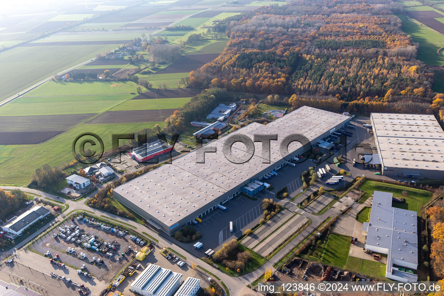 Zone commerciale Horst avec Magna Interiors, Random Logistics, STS Group et Thermo Fisher à le quartier Minderslachen in Kandel dans le département Rhénanie-Palatinat, Allemagne vue d'en haut