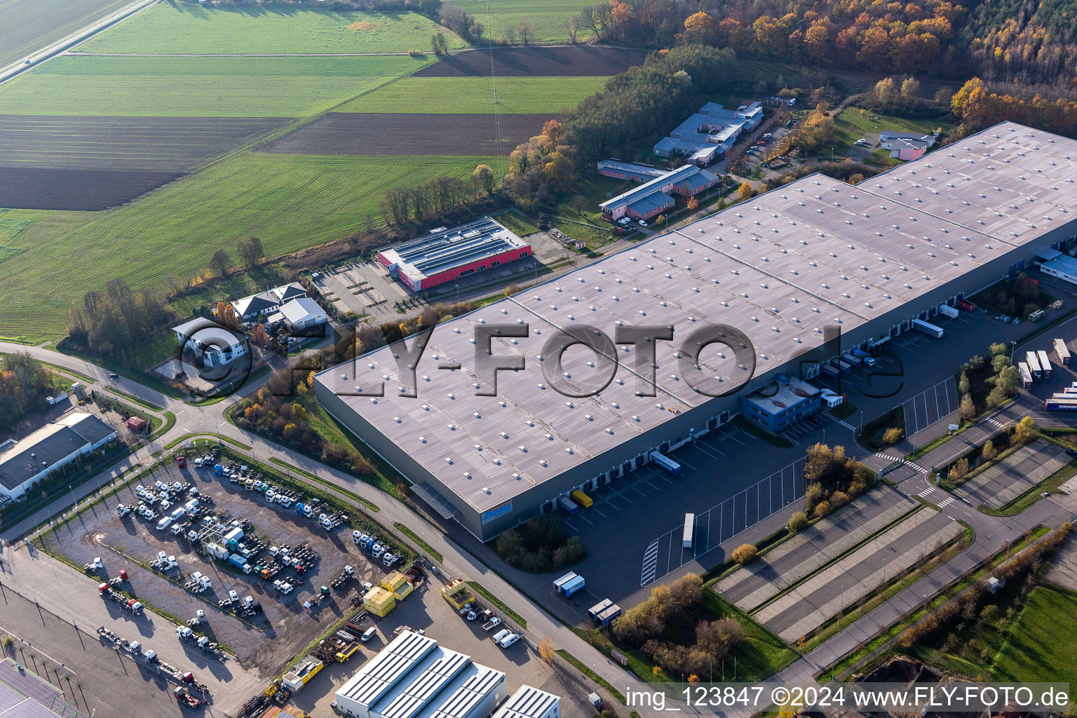 Zone commerciale Horst avec Magna Interiors, Random Logistics, STS Group et Thermo Fisher à le quartier Minderslachen in Kandel dans le département Rhénanie-Palatinat, Allemagne depuis l'avion