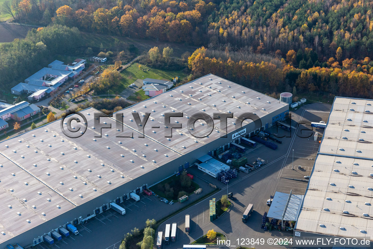 Zone commerciale Horst avec Magna Interiors, Random Logistics, STS Group et Thermo Fisher à le quartier Minderslachen in Kandel dans le département Rhénanie-Palatinat, Allemagne vue du ciel