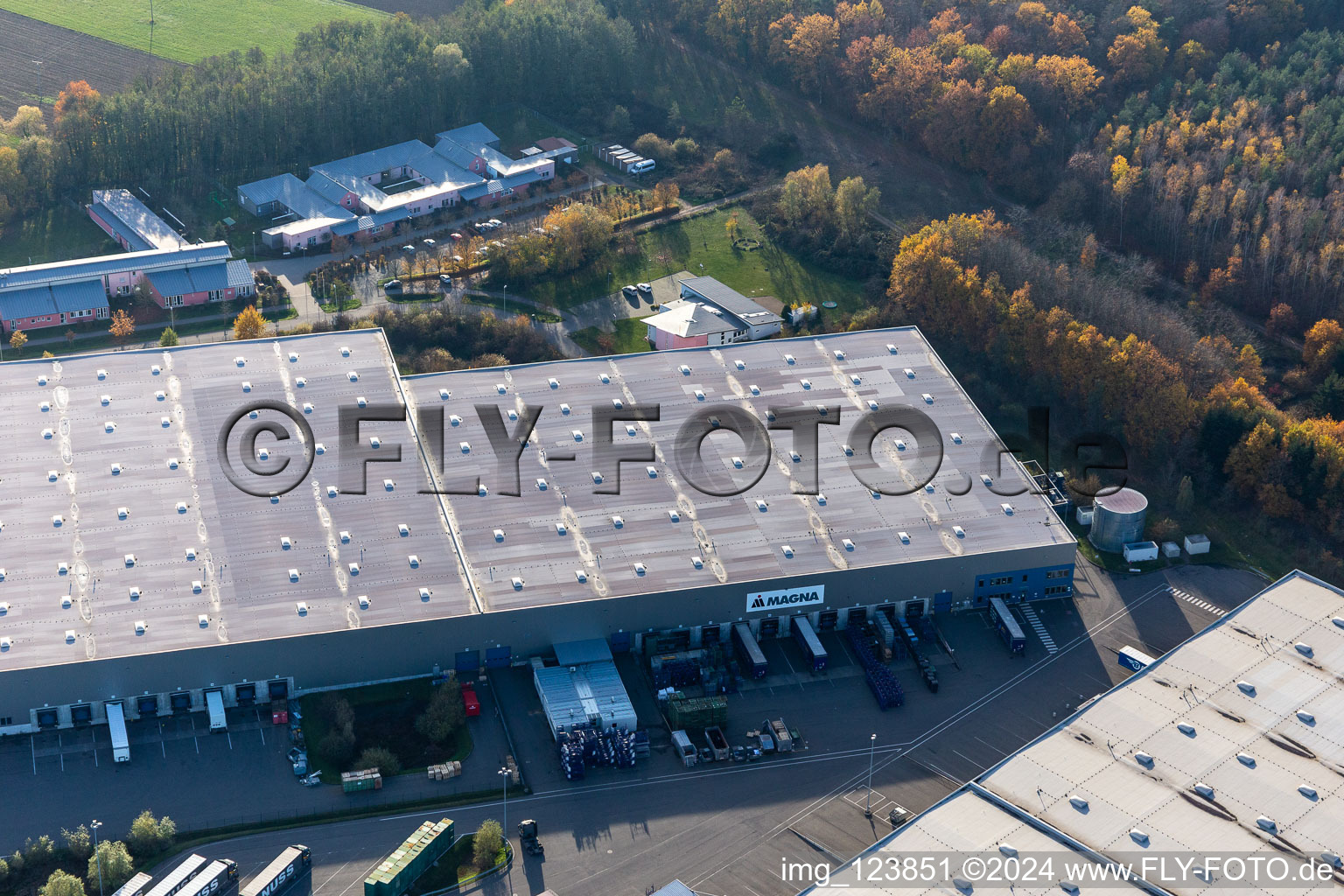 Image drone de Zone commerciale Horst avec Magna Interiors, Random Logistics, STS Group et Thermo Fisher à le quartier Minderslachen in Kandel dans le département Rhénanie-Palatinat, Allemagne