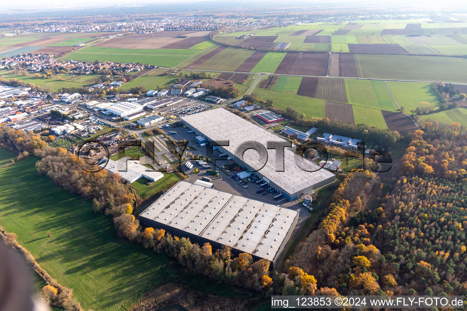 Zone commerciale Horst avec Magna Interiors, Random Logistics, STS Group et Thermo Fisher à le quartier Minderslachen in Kandel dans le département Rhénanie-Palatinat, Allemagne d'un drone