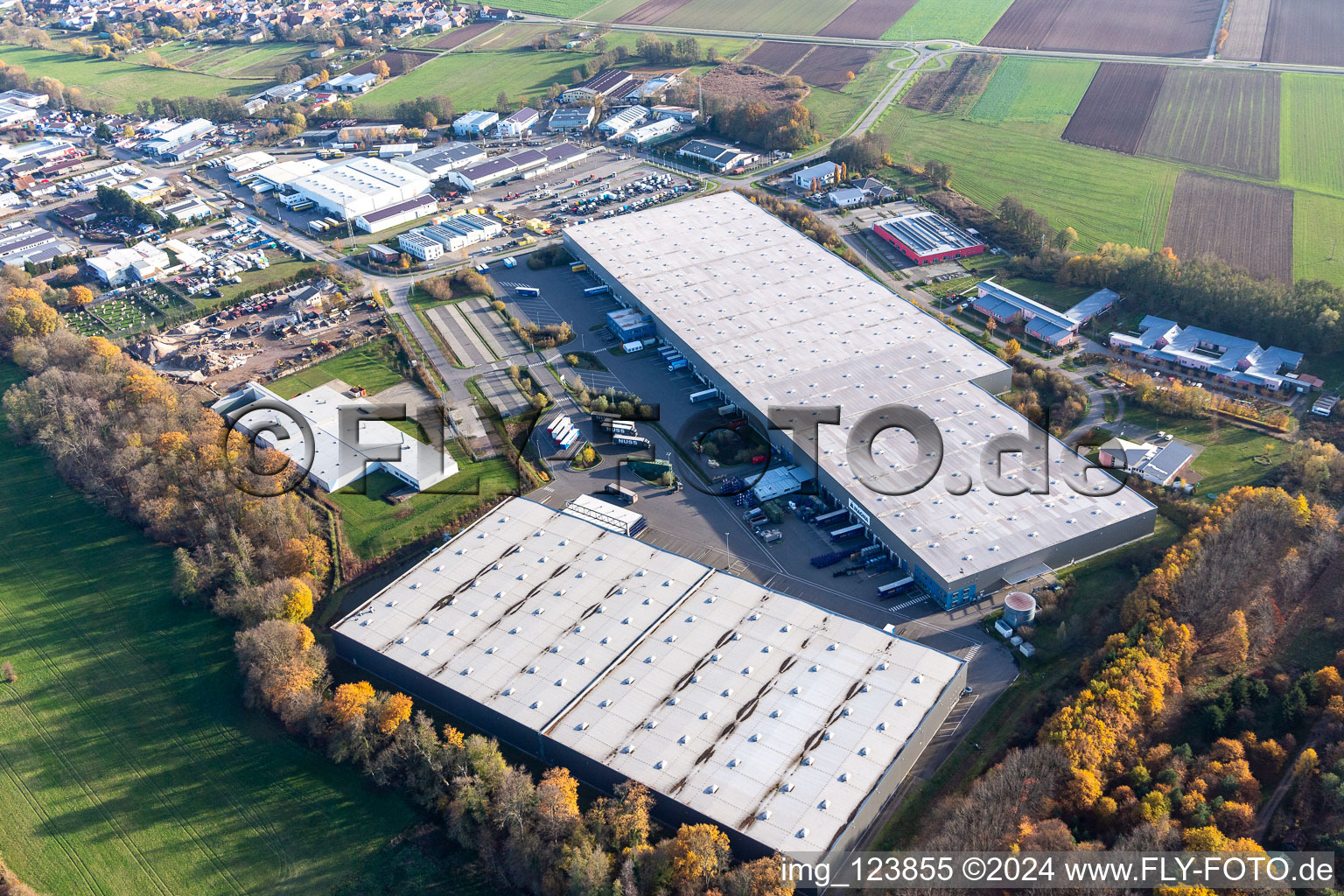 Vue aérienne de Zone commerciale Horst avec Magna Interiors, Random Logistics, STS Group et Thermo Fisher à le quartier Minderslachen in Kandel dans le département Rhénanie-Palatinat, Allemagne