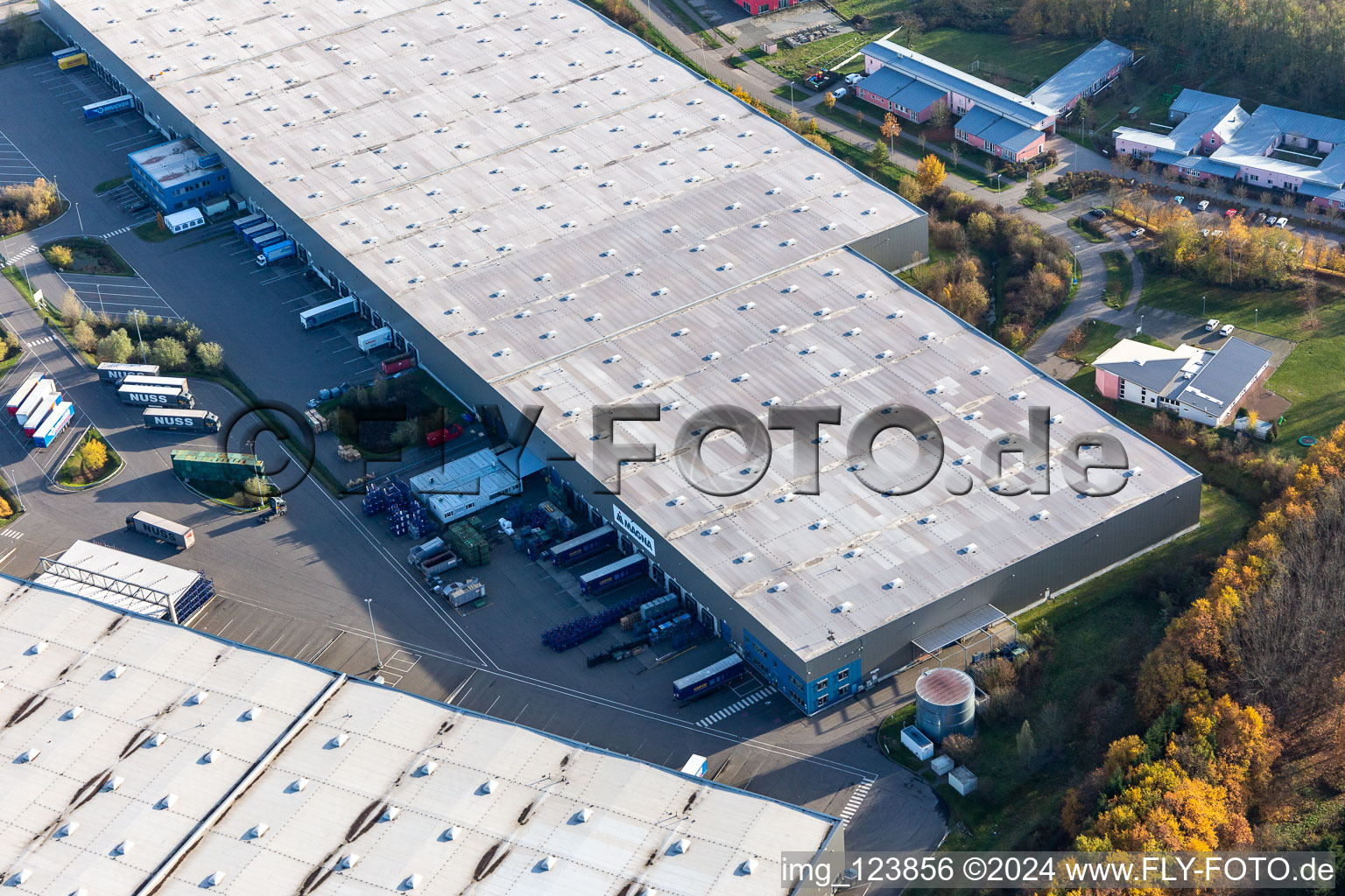 Photographie aérienne de Zone commerciale Horst avec Magna Interiors, Random Logistics, STS Group et Thermo Fisher à le quartier Minderslachen in Kandel dans le département Rhénanie-Palatinat, Allemagne