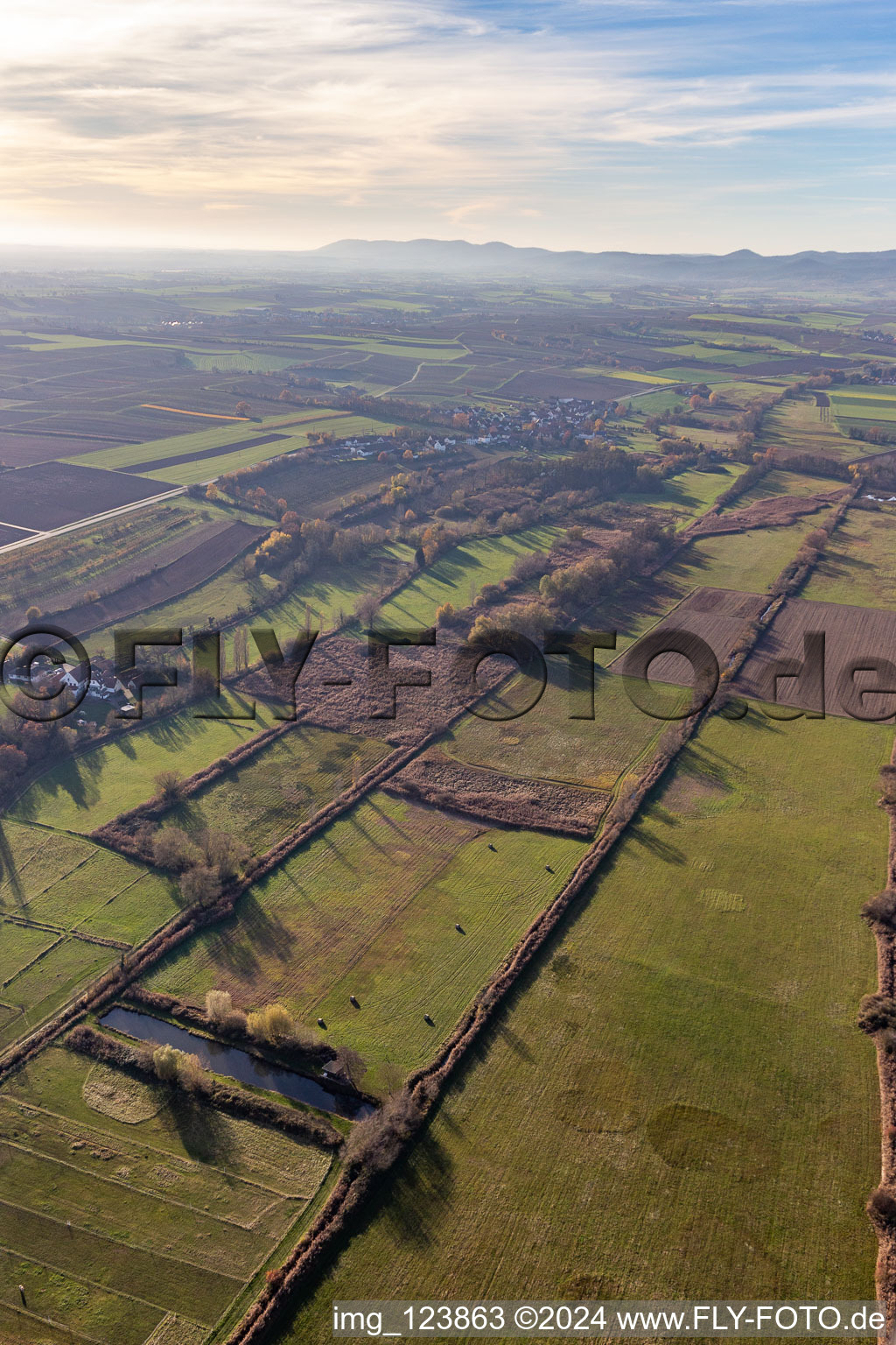 Vue aérienne de Billigheimer Bruch, Erlenbachtal entre Barbelroth, Hergersweiler et Winden à le quartier Mühlhofen in Billigheim-Ingenheim dans le département Rhénanie-Palatinat, Allemagne