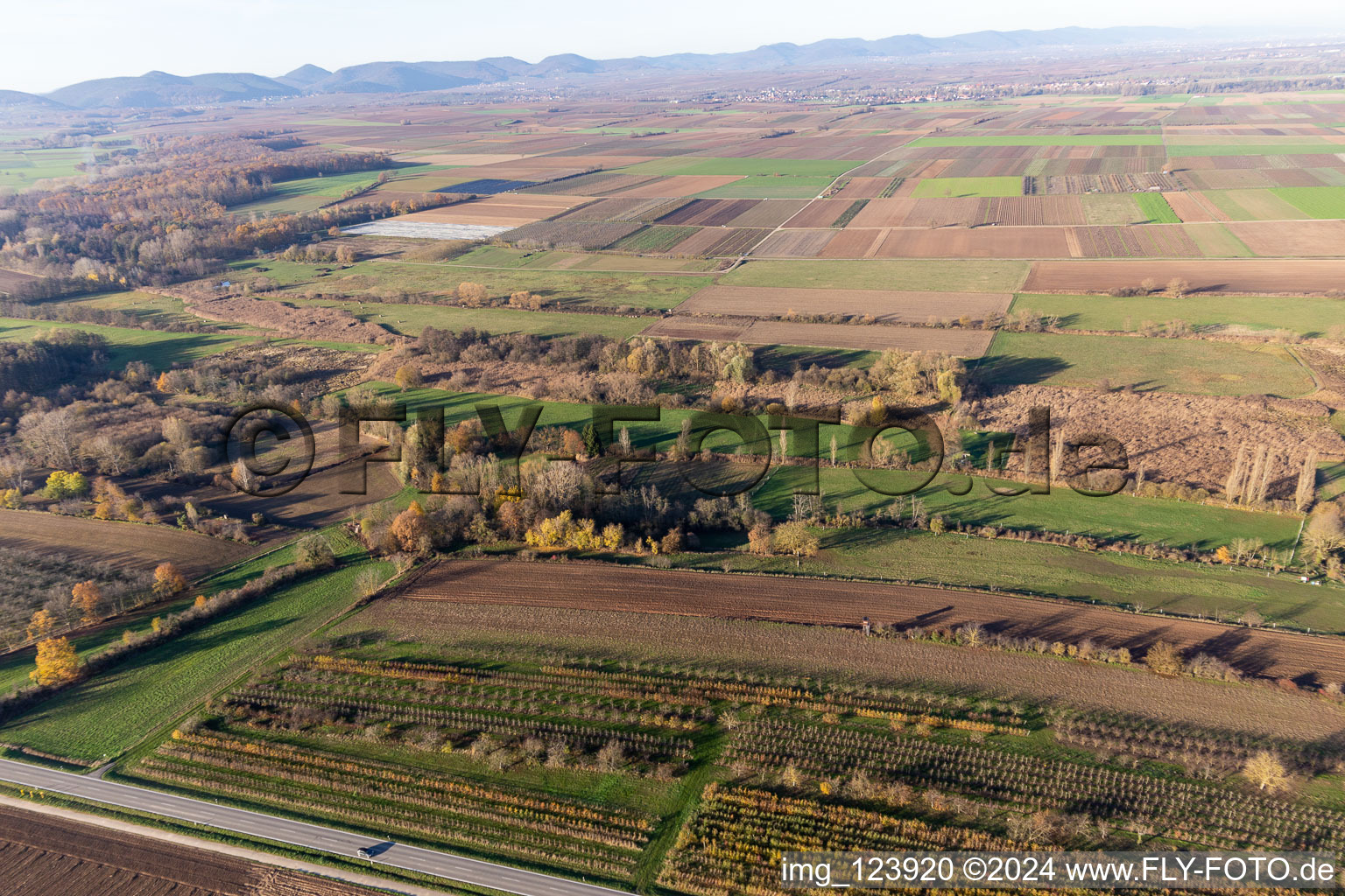 Vue d'oiseau de Billigheimer Bruch, Erlenbachtal entre Barbelroth, Hergersweiler et Winden à Winden dans le département Rhénanie-Palatinat, Allemagne