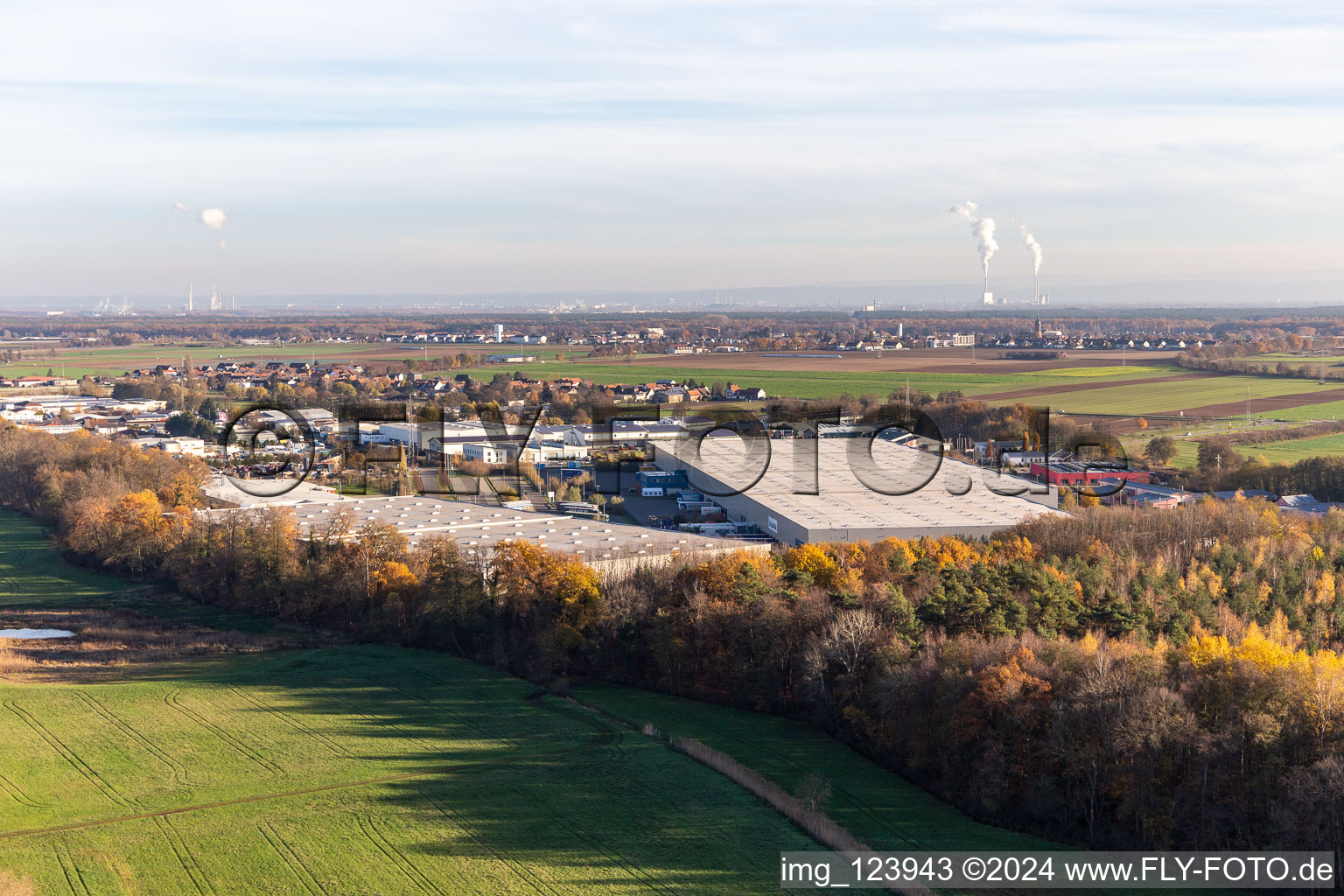 Vue oblique de Zone commerciale Horst avec Magna Interiors, Random Logistics, STS Group et Thermo Fisher à le quartier Minderslachen in Kandel dans le département Rhénanie-Palatinat, Allemagne