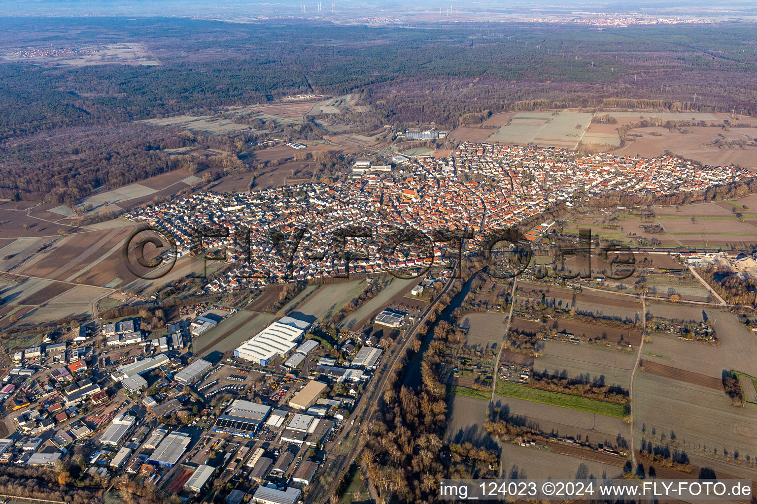 Photographie aérienne de Zone industrielle et commerciale avec Faurecia, Linde+Wiemann à Hagenbach dans le département Rhénanie-Palatinat, Allemagne