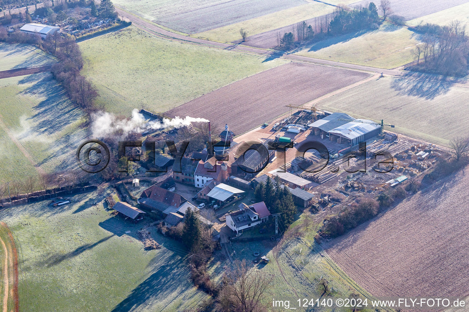 Vue aérienne de Holzwerk Orth avec hall incendié à le quartier Schaidt in Wörth am Rhein dans le département Rhénanie-Palatinat, Allemagne