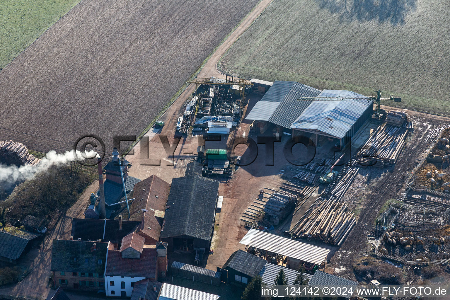 Photographie aérienne de Holzwerk Orth avec hall incendié à le quartier Schaidt in Wörth am Rhein dans le département Rhénanie-Palatinat, Allemagne