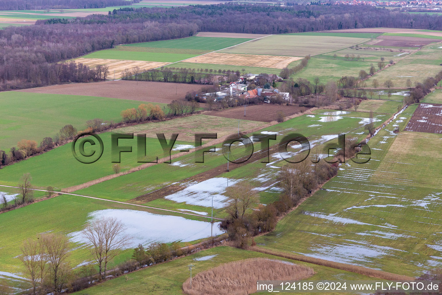 Vue aérienne de Bruchgraben inondé, Buschurgraben, Floodgraben, Erlenbach à Steinweiler dans le département Rhénanie-Palatinat, Allemagne