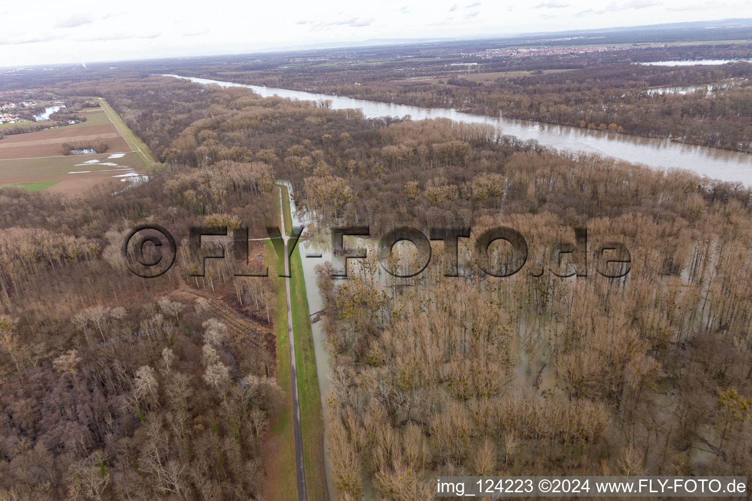 Vue aérienne de Plaines inondées du Rhin sur le barrage du Rhin à Neupotz dans le département Rhénanie-Palatinat, Allemagne