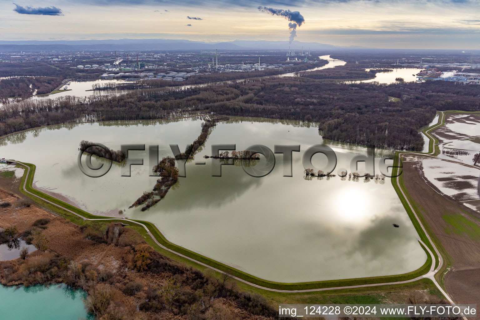 Vue aérienne de Prairies inondées du polder Neupotz sur le lit du Rhin en crue à Neupotz dans le département Rhénanie-Palatinat, Allemagne