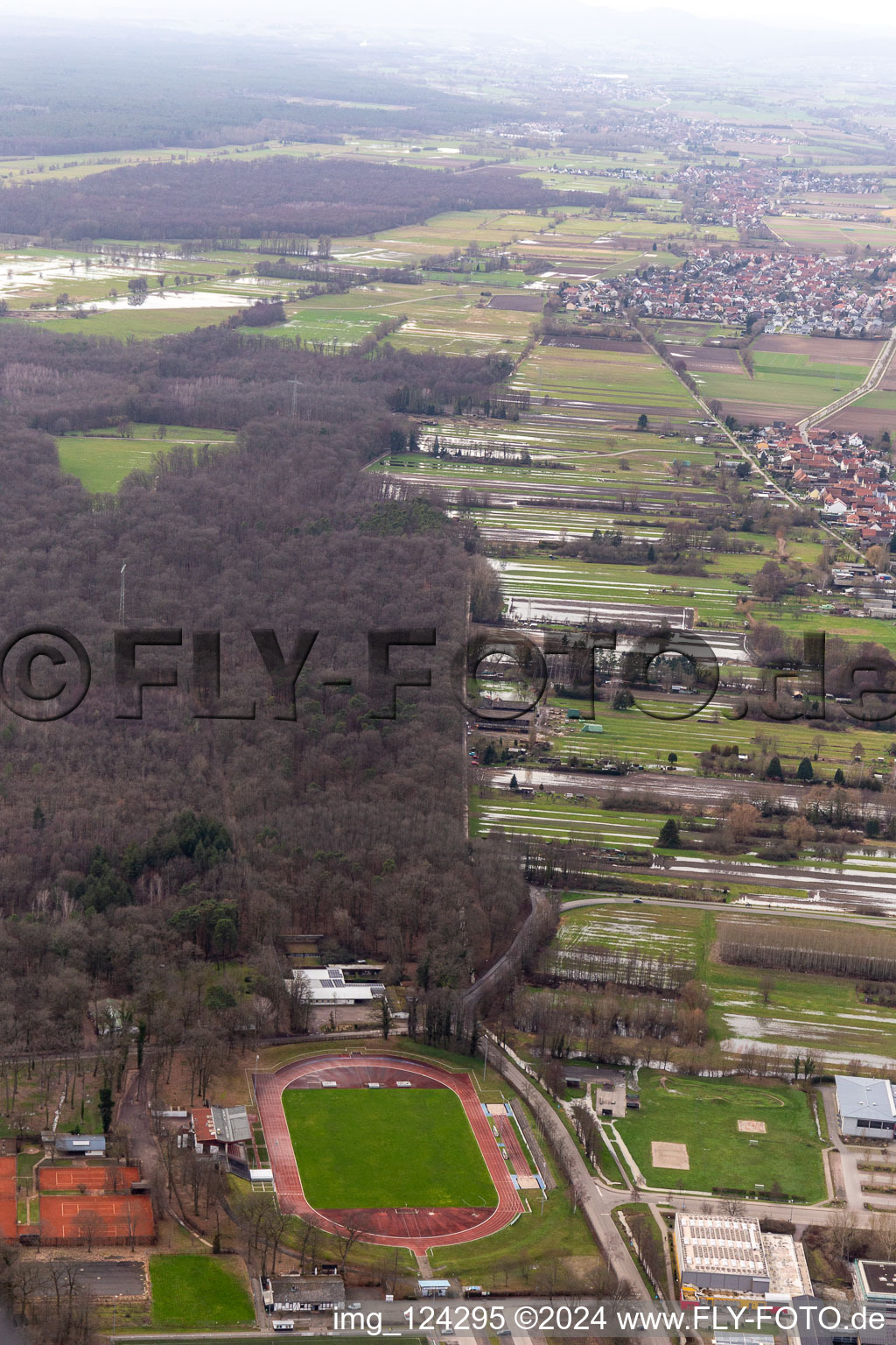 Vue aérienne de Terrain avec prairies inondées entre Floßgraben et Dörniggraben sur Saarstr à Kandel dans le département Rhénanie-Palatinat, Allemagne