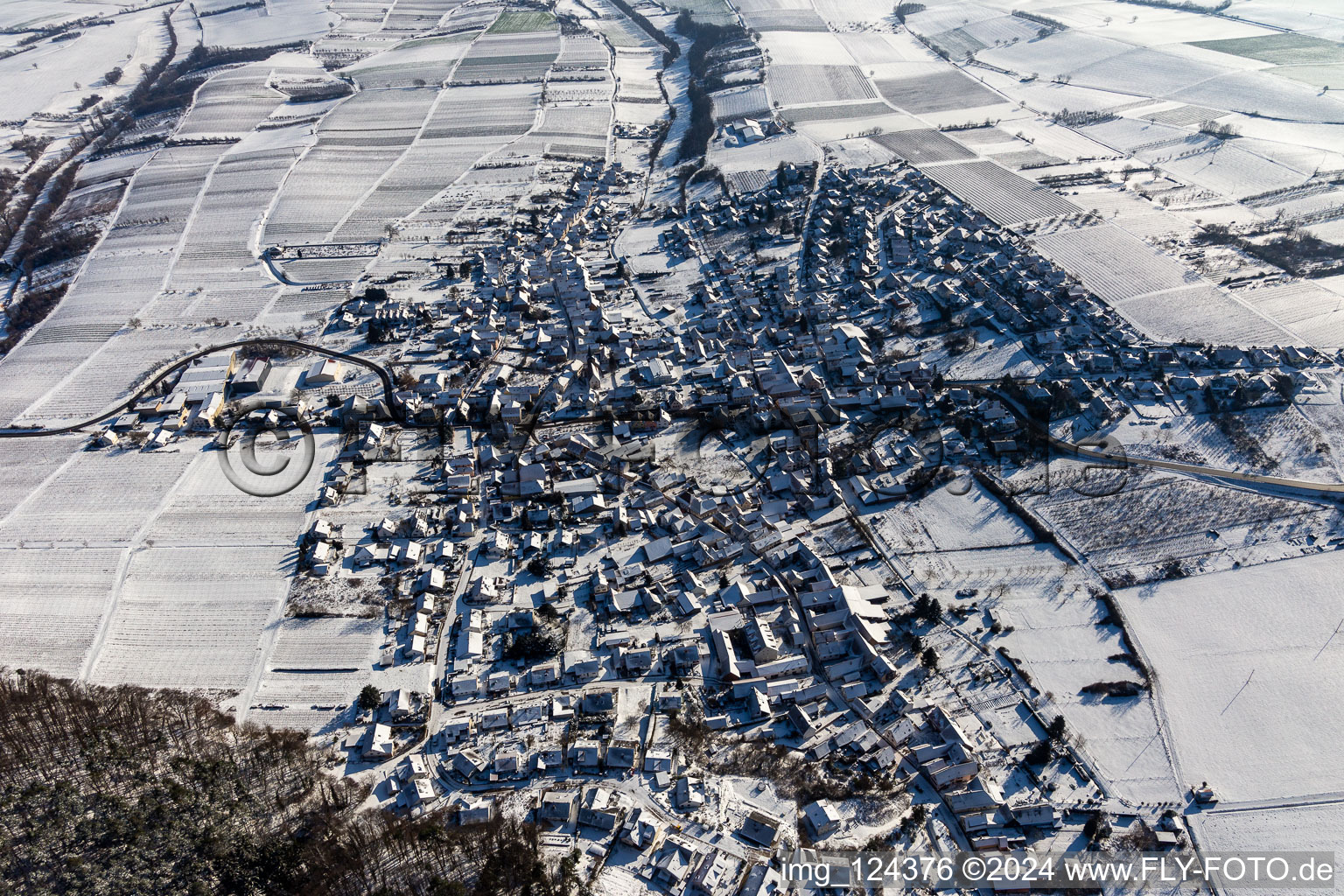 Vue aérienne de Vue aérienne d'hiver dans la neige à Oberotterbach dans le département Rhénanie-Palatinat, Allemagne