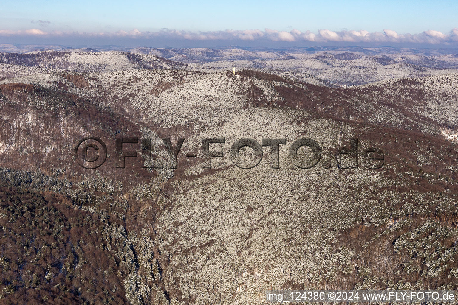 Vue aérienne de Vue aérienne d'hiver dans la neige du Dierbachtal avec la tour Stäffelsberg à Oberotterbach dans le département Rhénanie-Palatinat, Allemagne