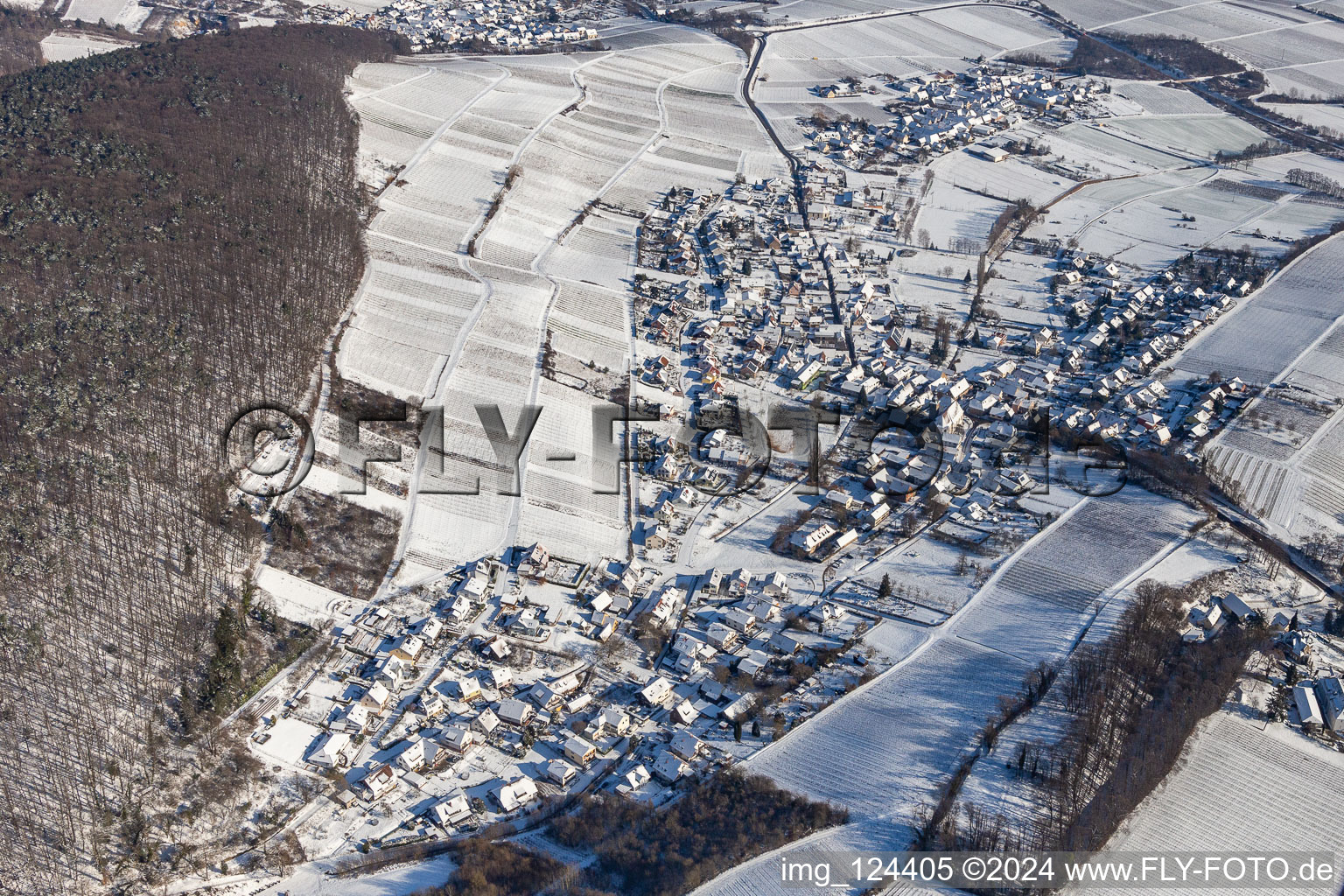 Vue aérienne de Photo aérienne d'hiver dans la neige de Pleisweiler à le quartier Pleisweiler in Pleisweiler-Oberhofen dans le département Rhénanie-Palatinat, Allemagne