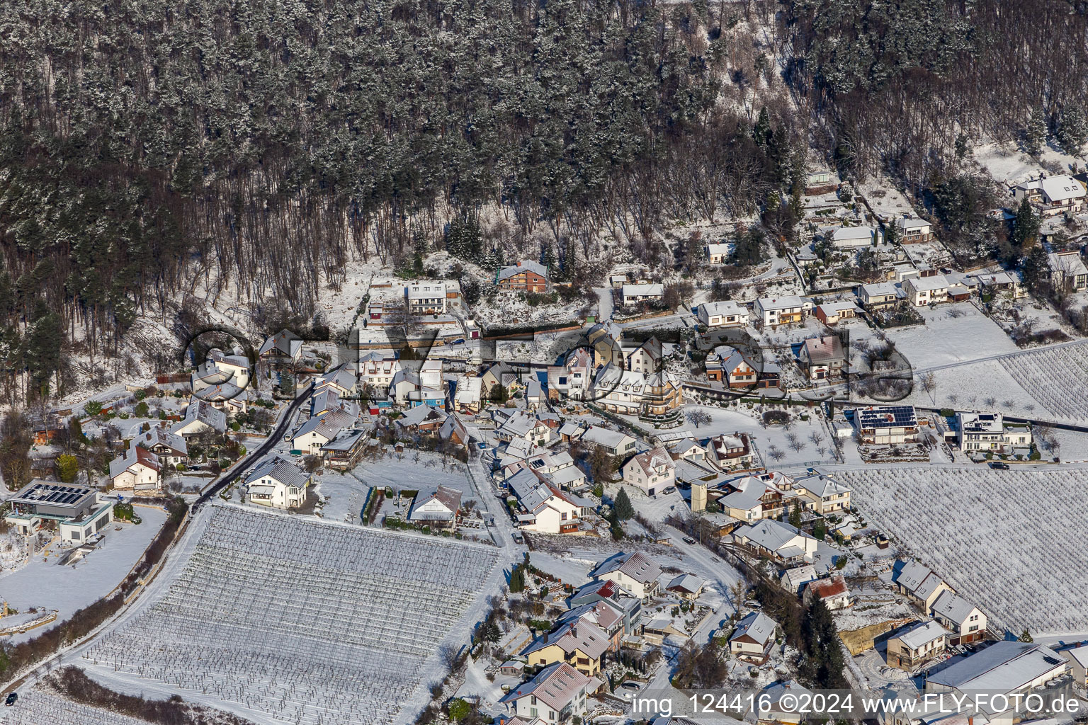 Vue aérienne de Vue aérienne d'hiver dans la neige de Gleiszellen, Kirchbergstr à le quartier Gleiszellen in Gleiszellen-Gleishorbach dans le département Rhénanie-Palatinat, Allemagne