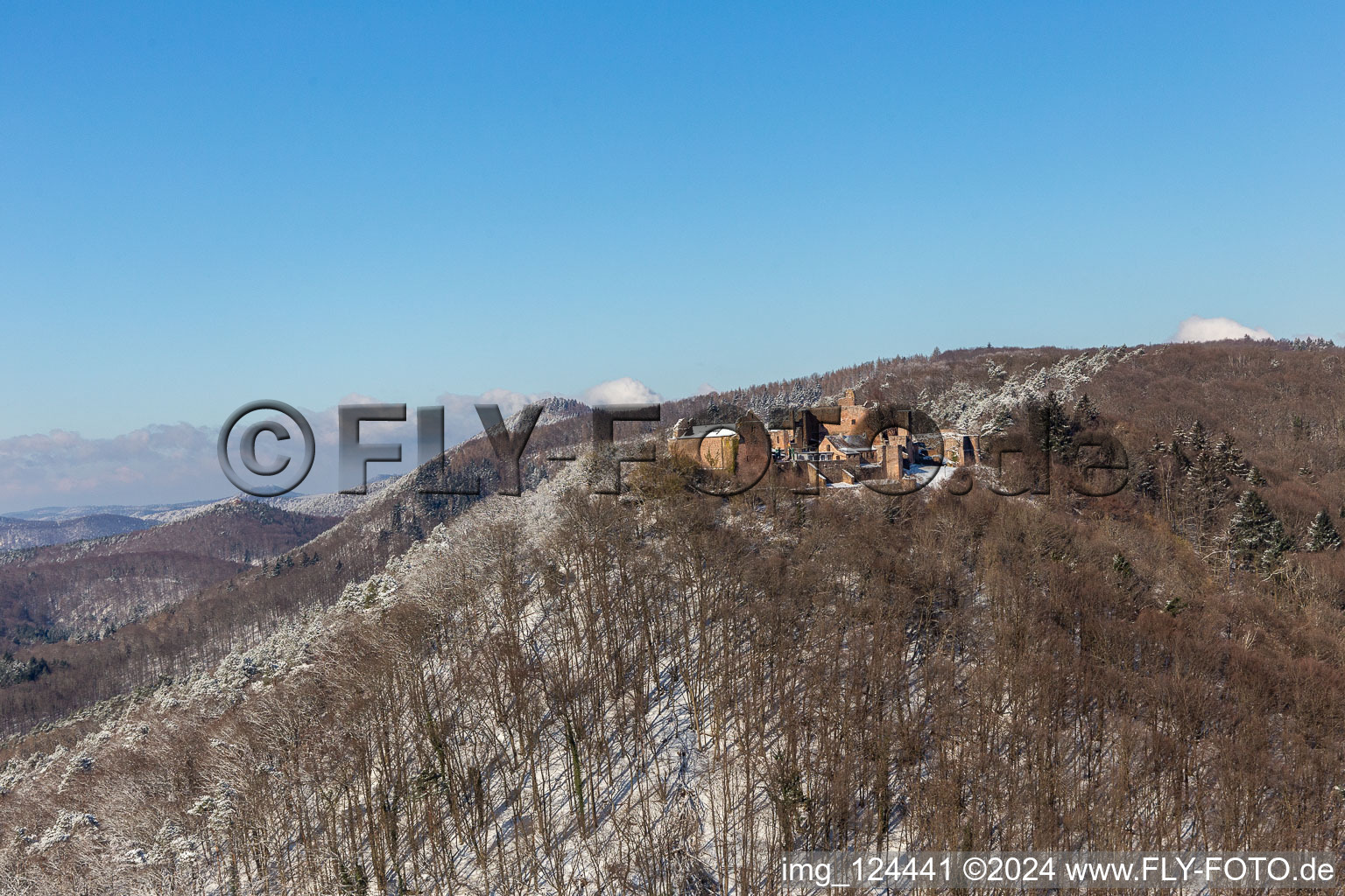 Vue aérienne de Vue aérienne d'hiver dans la neige de Madenburg à Eschbach dans le département Rhénanie-Palatinat, Allemagne