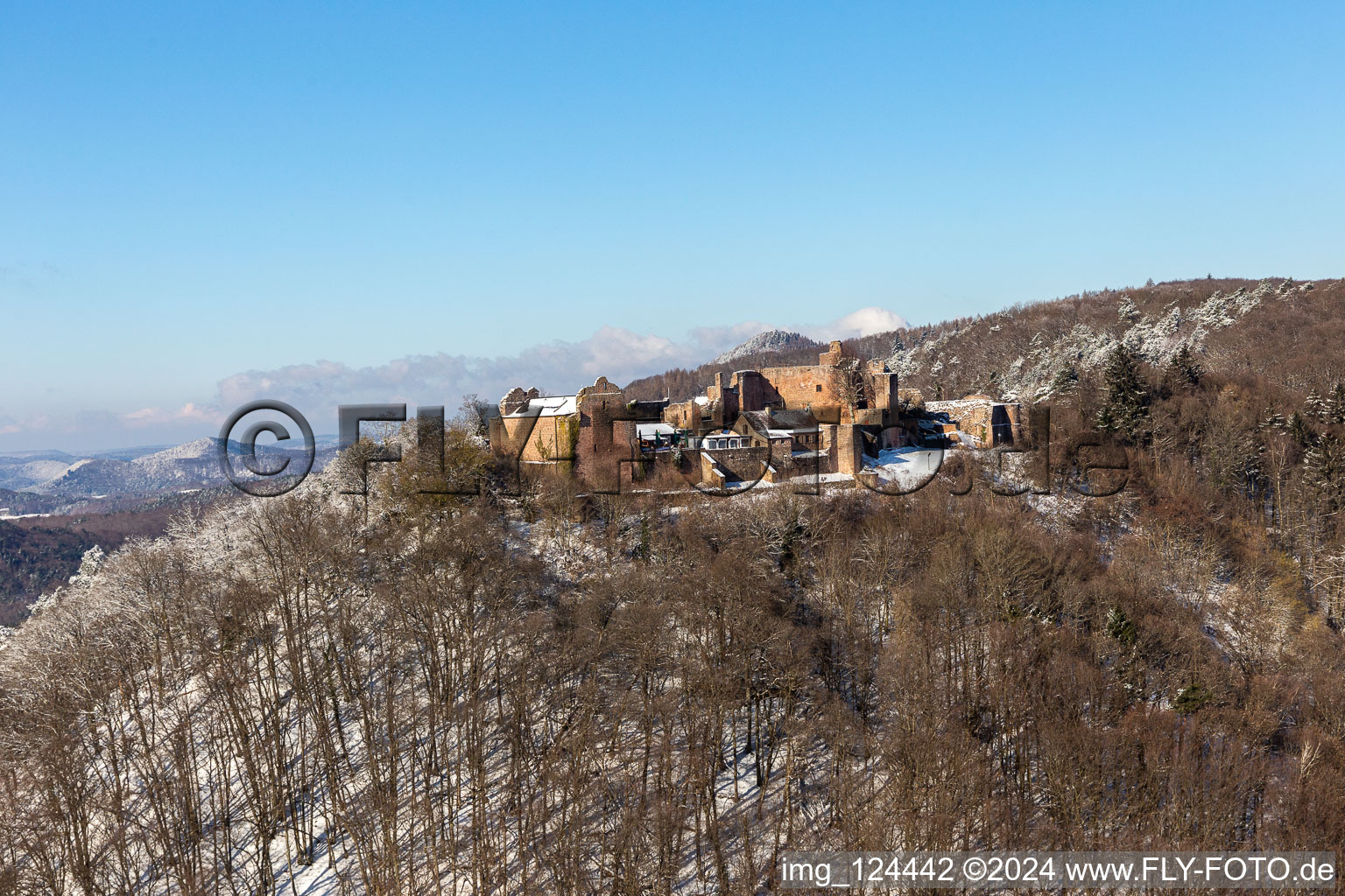 Vue aérienne de Vue aérienne d'hiver dans la neige de Madenburg à Eschbach dans le département Rhénanie-Palatinat, Allemagne