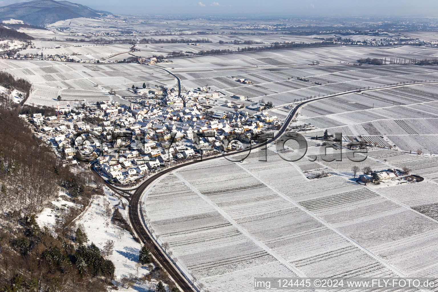 Vue aérienne de Vue aérienne d'hiver dans la neige à Eschbach dans le département Rhénanie-Palatinat, Allemagne