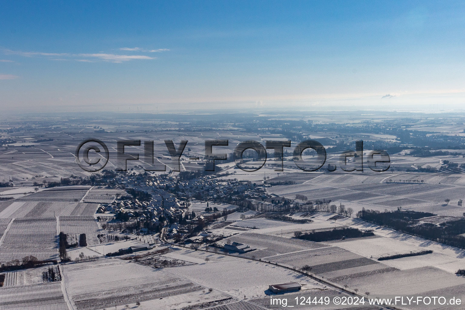 Vue aérienne de Vue aérienne d'hiver dans la neige à Göcklingen dans le département Rhénanie-Palatinat, Allemagne