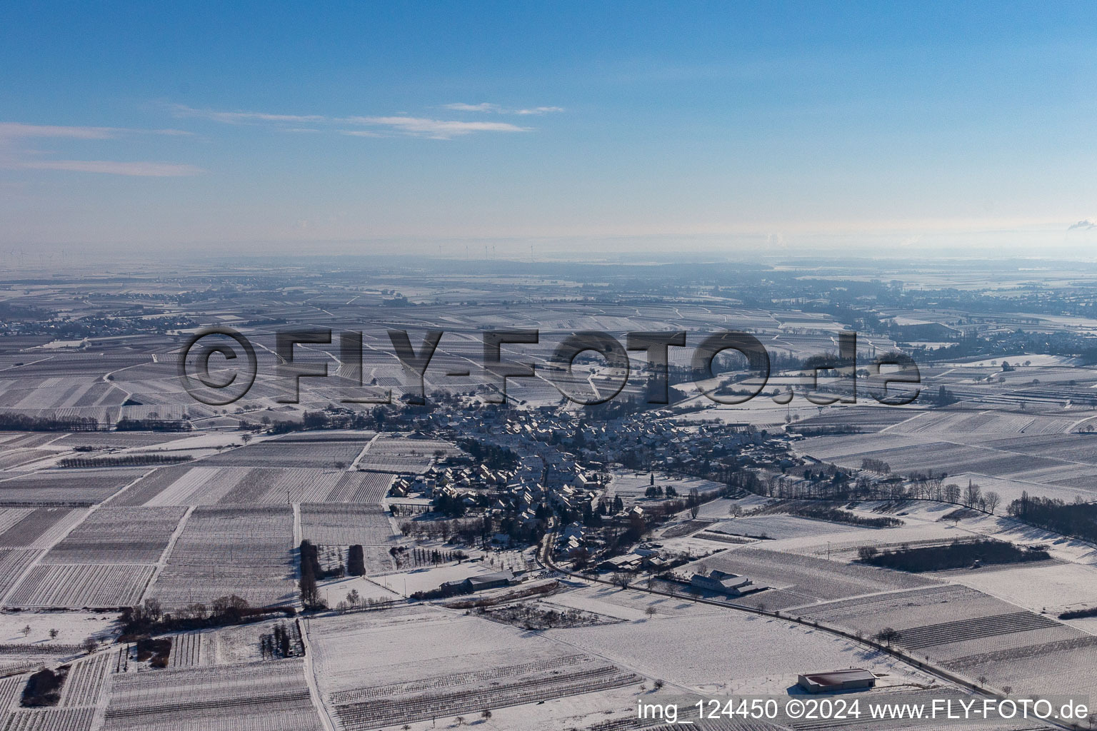 Vue aérienne de Vue aérienne d'hiver dans la neige à Göcklingen dans le département Rhénanie-Palatinat, Allemagne