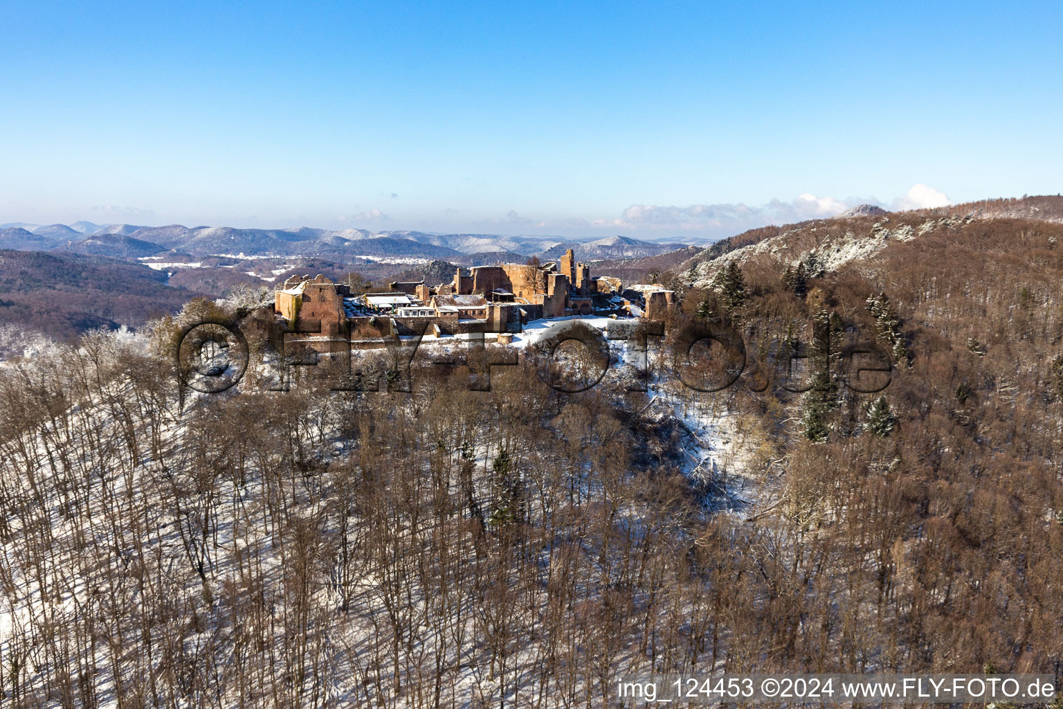 Vue aérienne de Vue aérienne d'hiver dans la neige de Madenburg à Eschbach dans le département Rhénanie-Palatinat, Allemagne