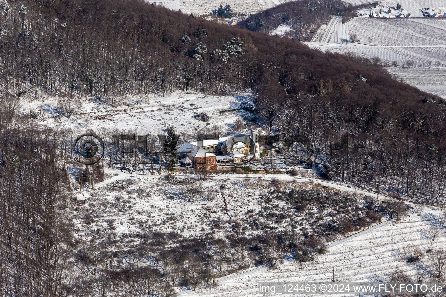 Vue aérienne de Vue aérienne d'hiver dans la neige depuis Slevogthof à Leinsweiler dans le département Rhénanie-Palatinat, Allemagne