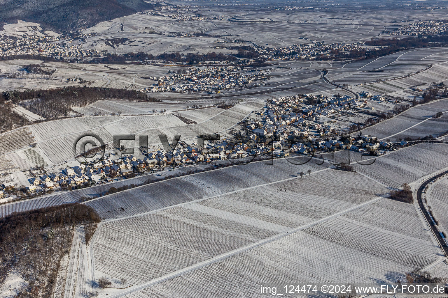 Vue aérienne de Vue aérienne d'hiver dans la neige à Ranschbach dans le département Rhénanie-Palatinat, Allemagne