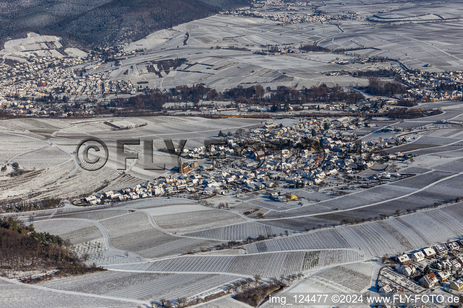 Vue aérienne de Vue aérienne d'hiver dans la neige à Birkweiler dans le département Rhénanie-Palatinat, Allemagne