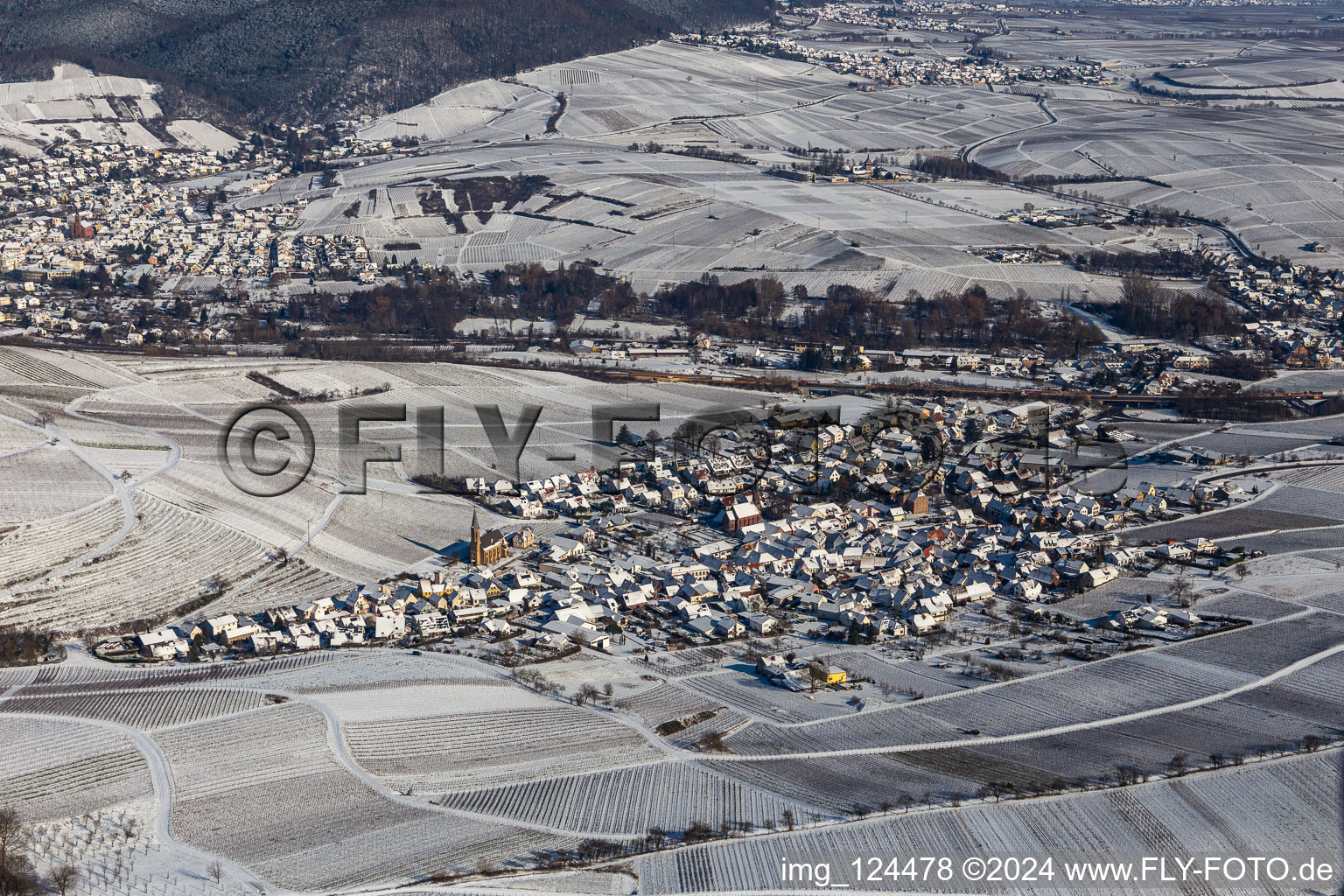 Vue aérienne de Vue aérienne d'hiver dans la neige à Birkweiler dans le département Rhénanie-Palatinat, Allemagne