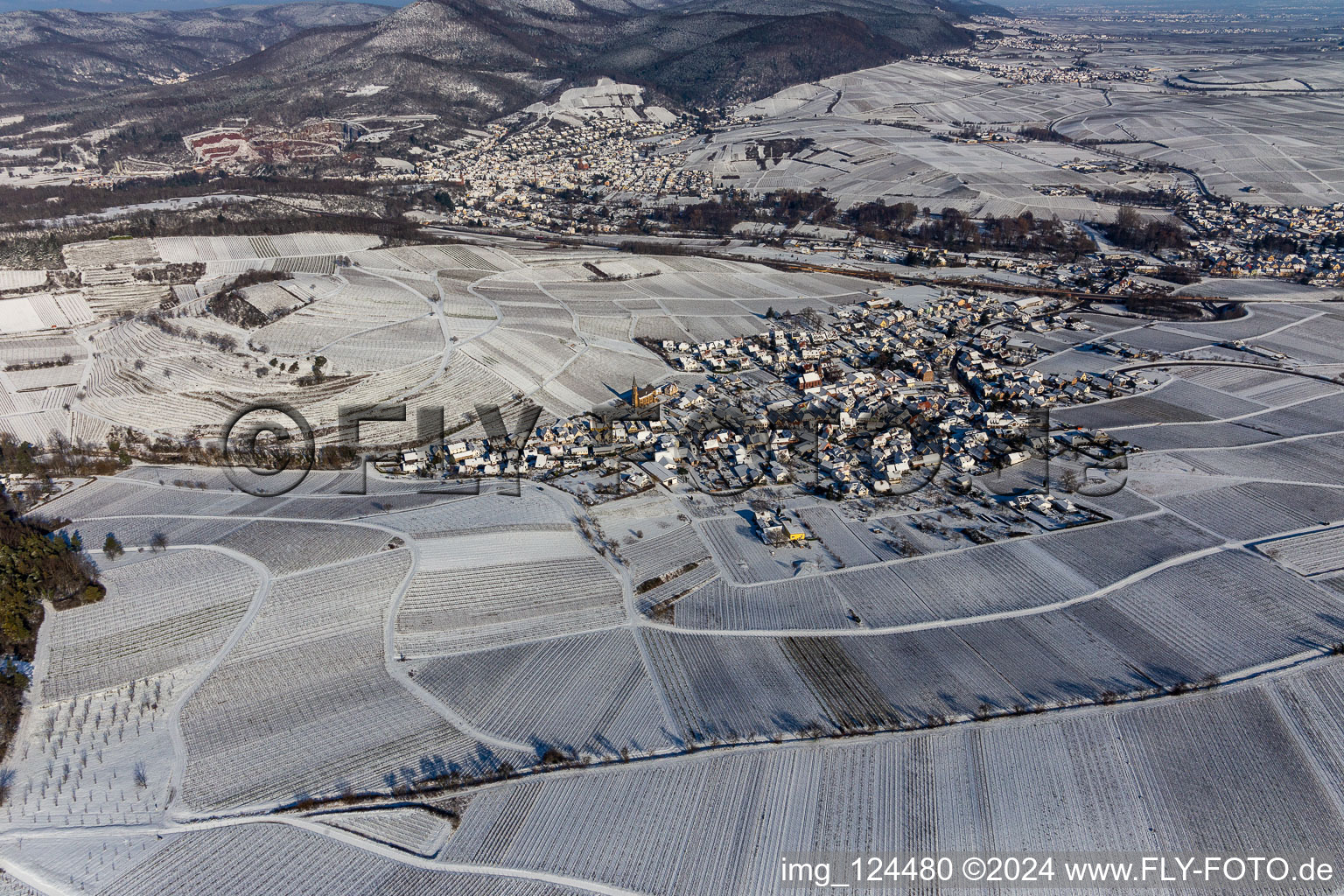 Vue aérienne de Vue aérienne d'hiver dans la neige à Birkweiler dans le département Rhénanie-Palatinat, Allemagne