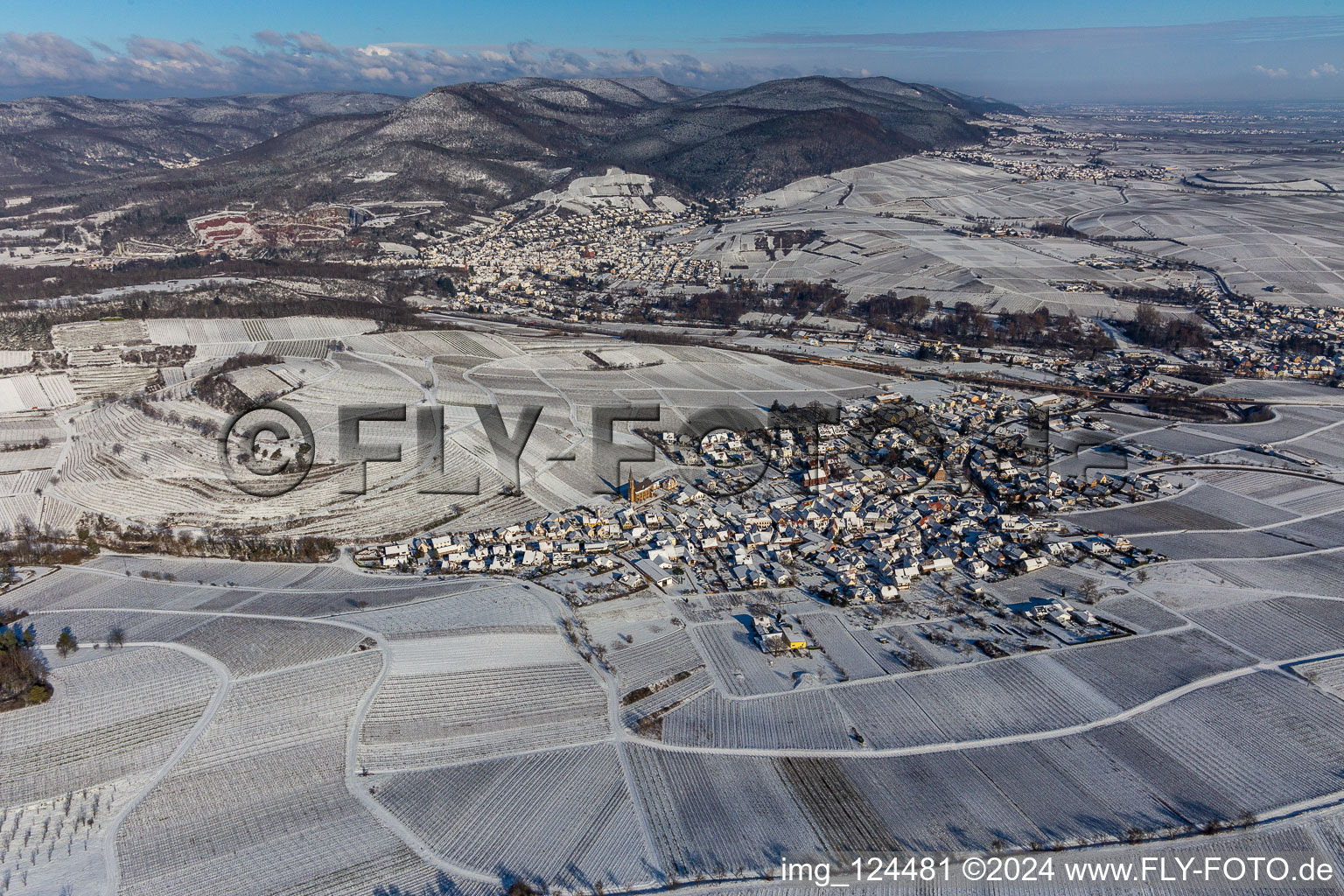 Vue aérienne de Des vignobles enneigés en hiver entourent la zone habitée du village à Birkweiler dans le département Rhénanie-Palatinat, Allemagne