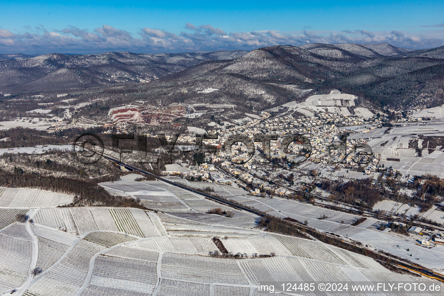 Vue aérienne de Vue aérienne d'hiver dans la neige à Albersweiler dans le département Rhénanie-Palatinat, Allemagne