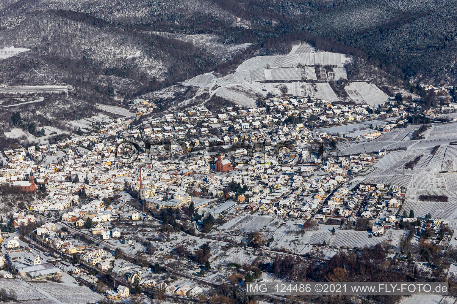 Vue aérienne de Vue aérienne d'hiver dans la neige à Albersweiler dans le département Rhénanie-Palatinat, Allemagne