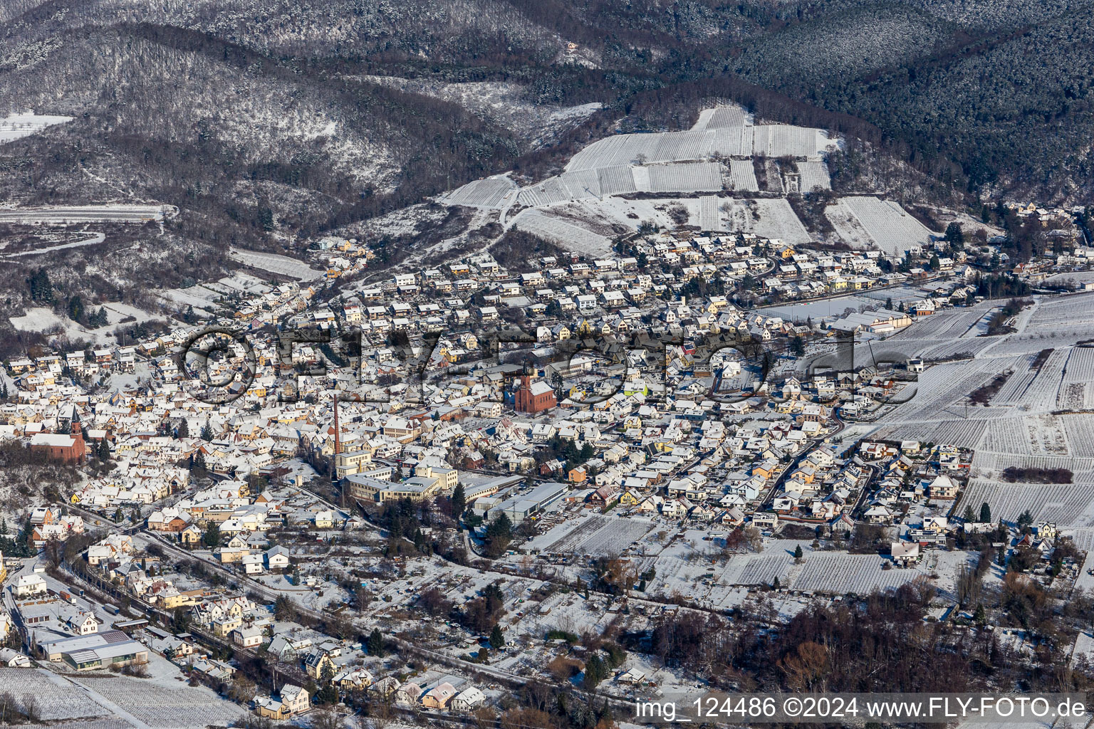 Vue aérienne de Vue aérienne d'hiver dans la neige à Albersweiler dans le département Rhénanie-Palatinat, Allemagne