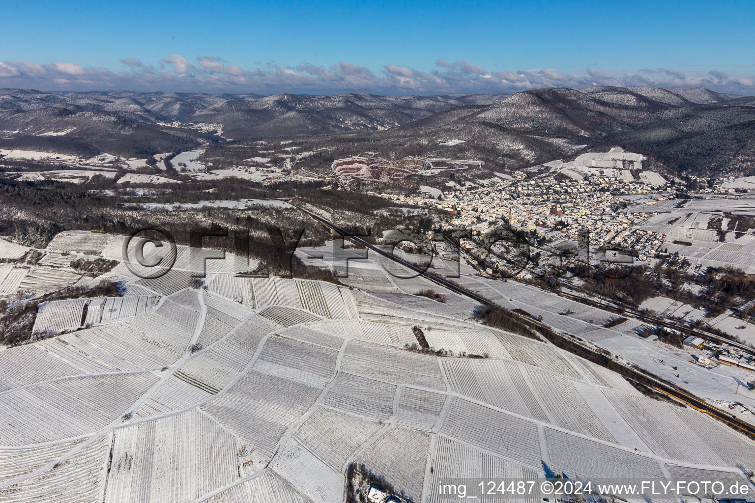 Vue aérienne de Vue aérienne d'hiver dans la neige à Albersweiler dans le département Rhénanie-Palatinat, Allemagne