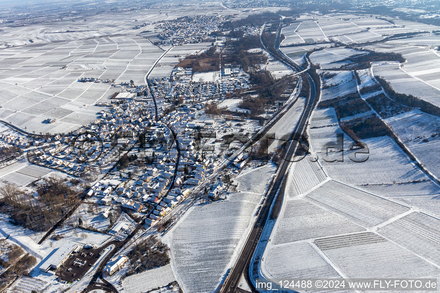 Vue aérienne de Vue aérienne d'hiver dans la neige à Siebeldingen dans le département Rhénanie-Palatinat, Allemagne