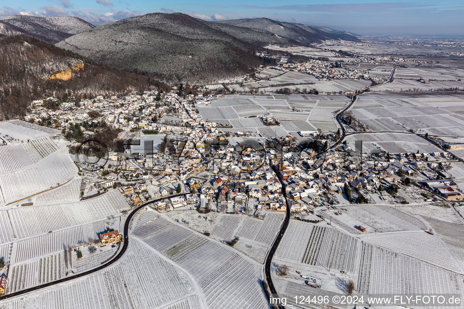 Vue aérienne de Vue aérienne d'hiver dans la neige à Frankweiler dans le département Rhénanie-Palatinat, Allemagne