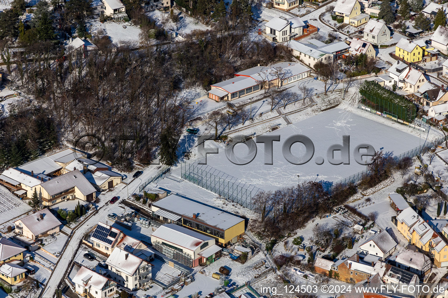 Vue aérienne de Vue aérienne d'hiver dans la neige du terrain de sport à Frankweiler dans le département Rhénanie-Palatinat, Allemagne