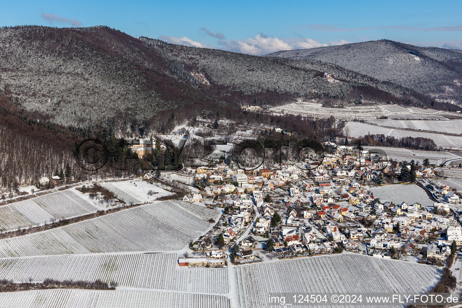 Vue aérienne de Vue aérienne d'hiver dans la neige à Gleisweiler dans le département Rhénanie-Palatinat, Allemagne